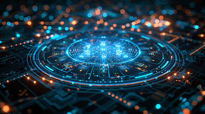 Technology, abstract and electronics or microchip with futuristic pattern, connection or interface. Data center, iot or digital with hardware for networking, cyber servers or machine learning