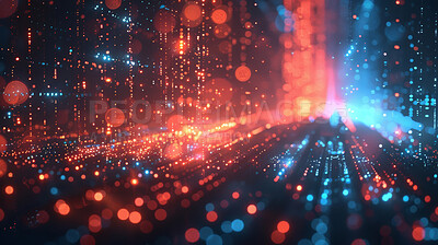 Digital network, connection and data transformation for electronic server with database and bokeh effect. Abstract background of speed, light blur and cloud computing innovation with futuristic glow