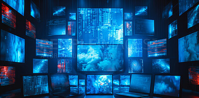 CCTV, code and screen in control room to monitor natural disaster, data or event worldwide with satellite. Computer, media and security with global display of earth, network or program language