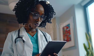 Serious, doctor and tablet with black woman in hospital for medical, research or digital results. Healthcare, medicine and tech with female specialist for reading information, test report or internet