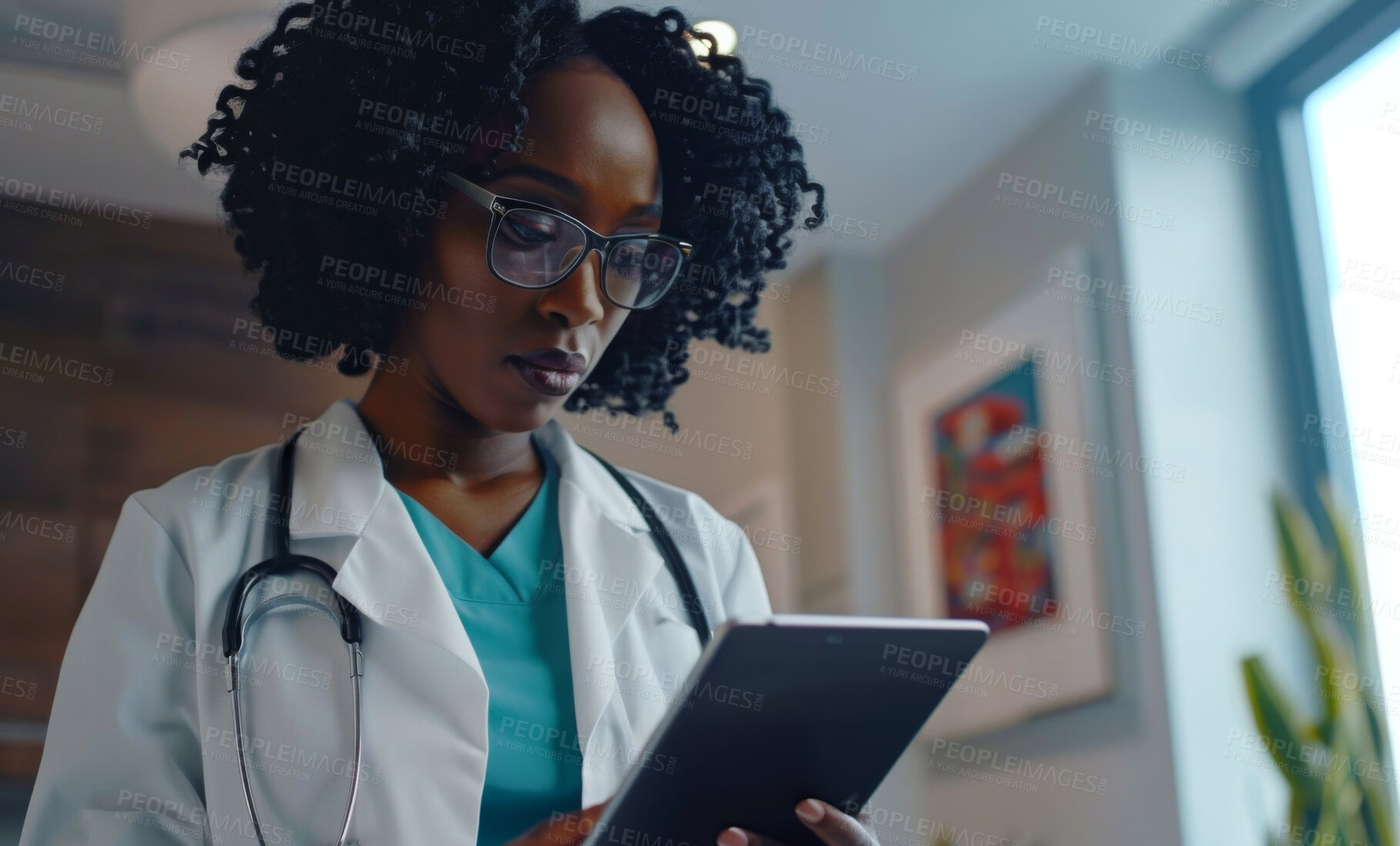 Buy stock photo Serious, doctor and tablet with black woman in hospital for medical, research or digital results. Healthcare, medicine and tech with female specialist for reading information, test report or internet