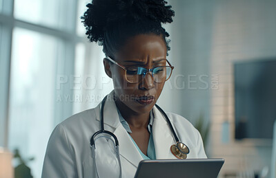 Healthcare, doctor or black woman with tablet for medical research, info or results as specialist. Female person, surgeon or technology for diagnosis, treatment or working with Telehealth in hospital