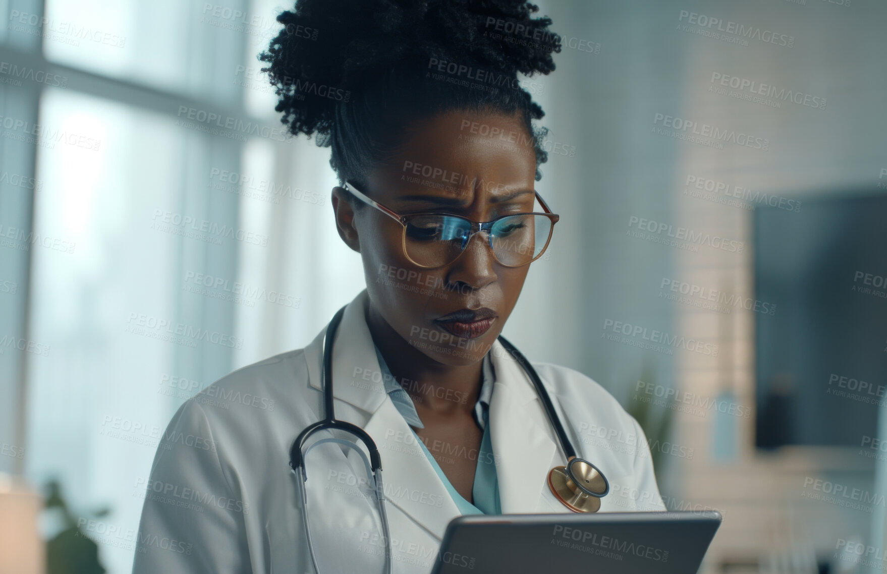 Buy stock photo Healthcare, doctor or black woman with tablet for medical research, bad news or serious specialist. Female person, surgeon or worried for diagnosis, treatment or work with Telehealth in hospital