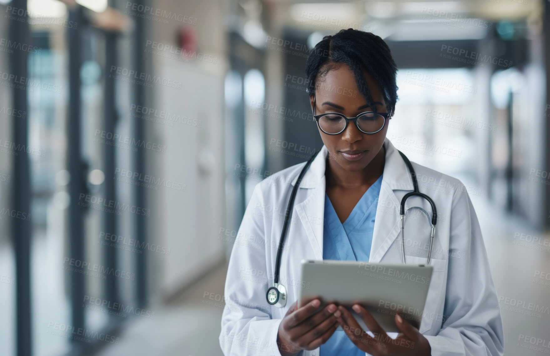 Buy stock photo Black woman, doctor and reading online on tablet for test results or review medical records and patient charts or information. Neurologist, digital tech and internet for assessment of diagnosis.