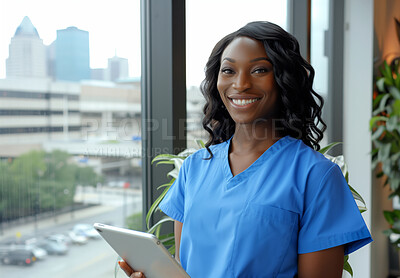 Healthcare, portrait and tablet with nurse black woman in hospital lobby for research or treatment. Medical, smile and tech with happy medicine professional in clinic for cardiology or consulting