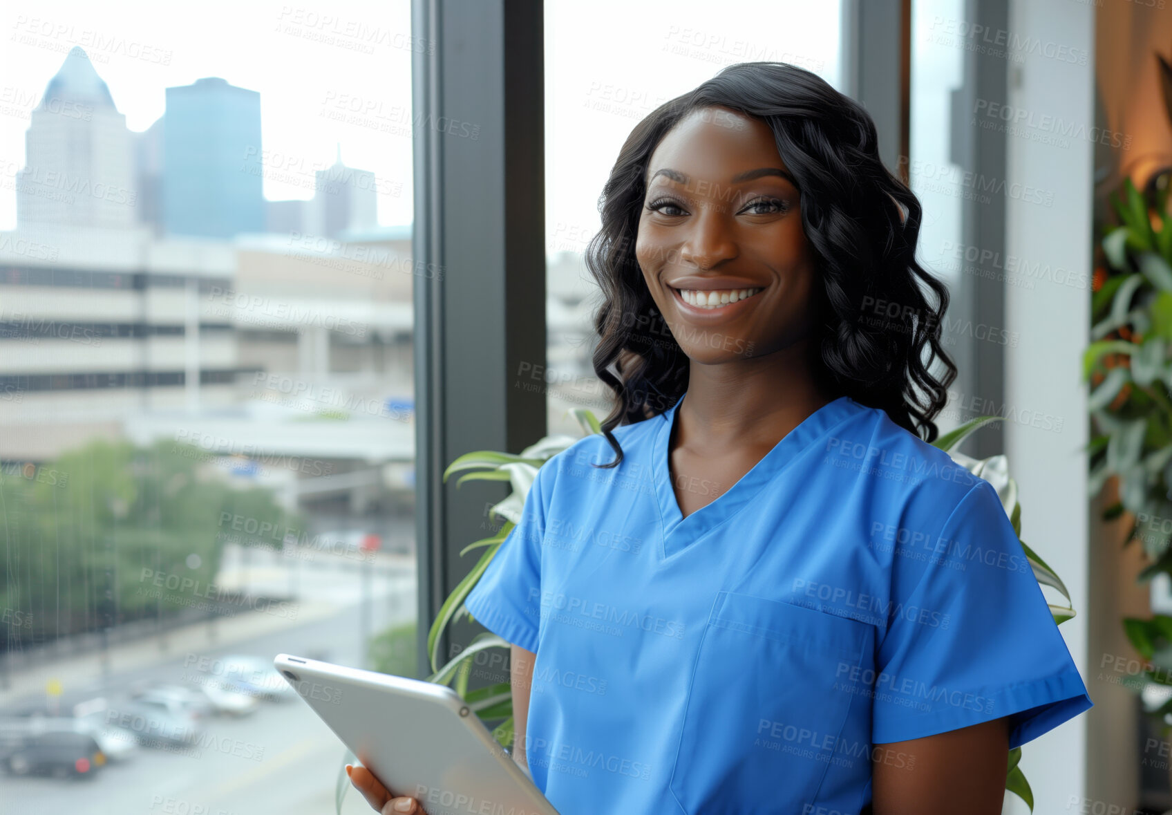 Buy stock photo Healthcare, portrait and tablet with nurse black woman in hospital lobby for research or treatment. Medical, smile and tech with happy medicine professional in clinic for cardiology or consulting