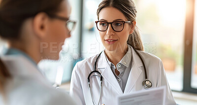 Medical, doctor and woman in hospital, files and stethoscope for healthcare, document and collaboration. Communication, team and service for report with information, paperwork and folder for clinic
