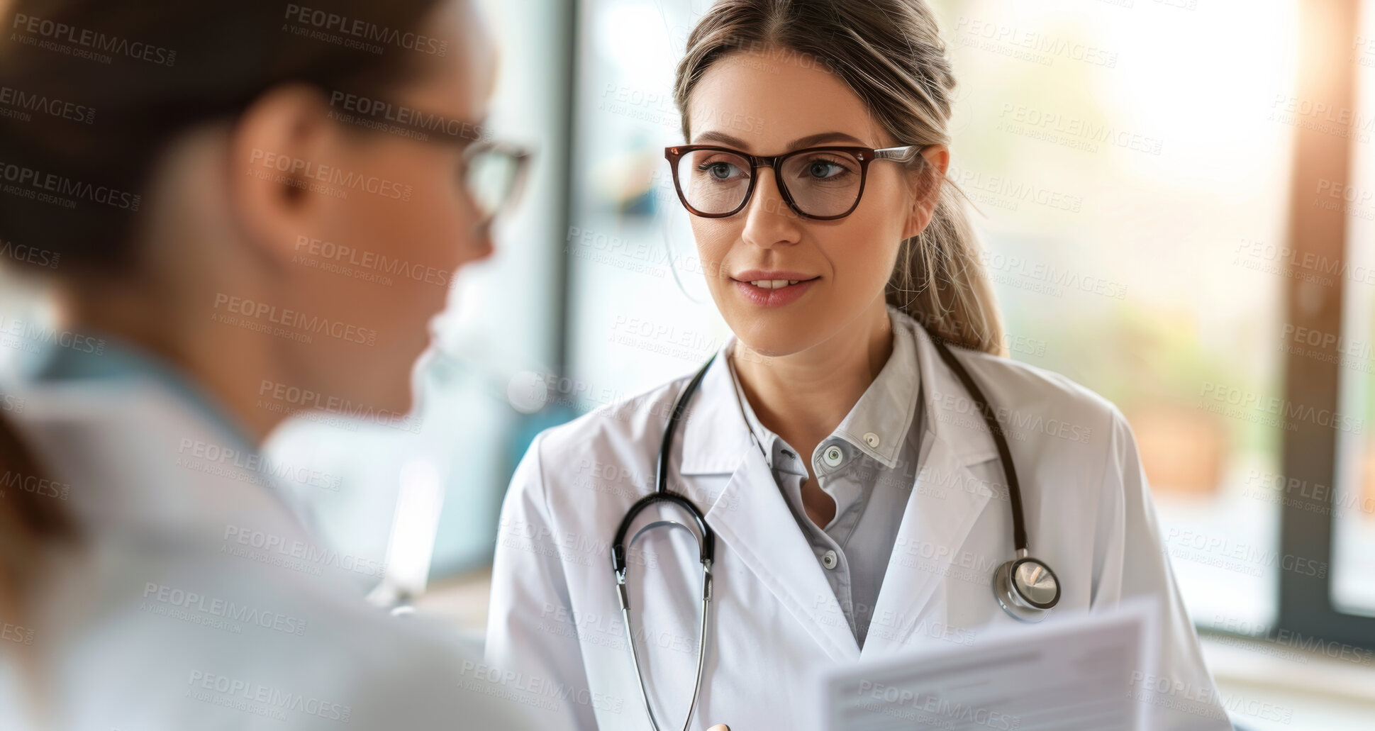 Buy stock photo Medical, doctor and woman in hospital, files and stethoscope for healthcare, document and collaboration. Communication, team and service for report with information, paperwork and folder for clinic