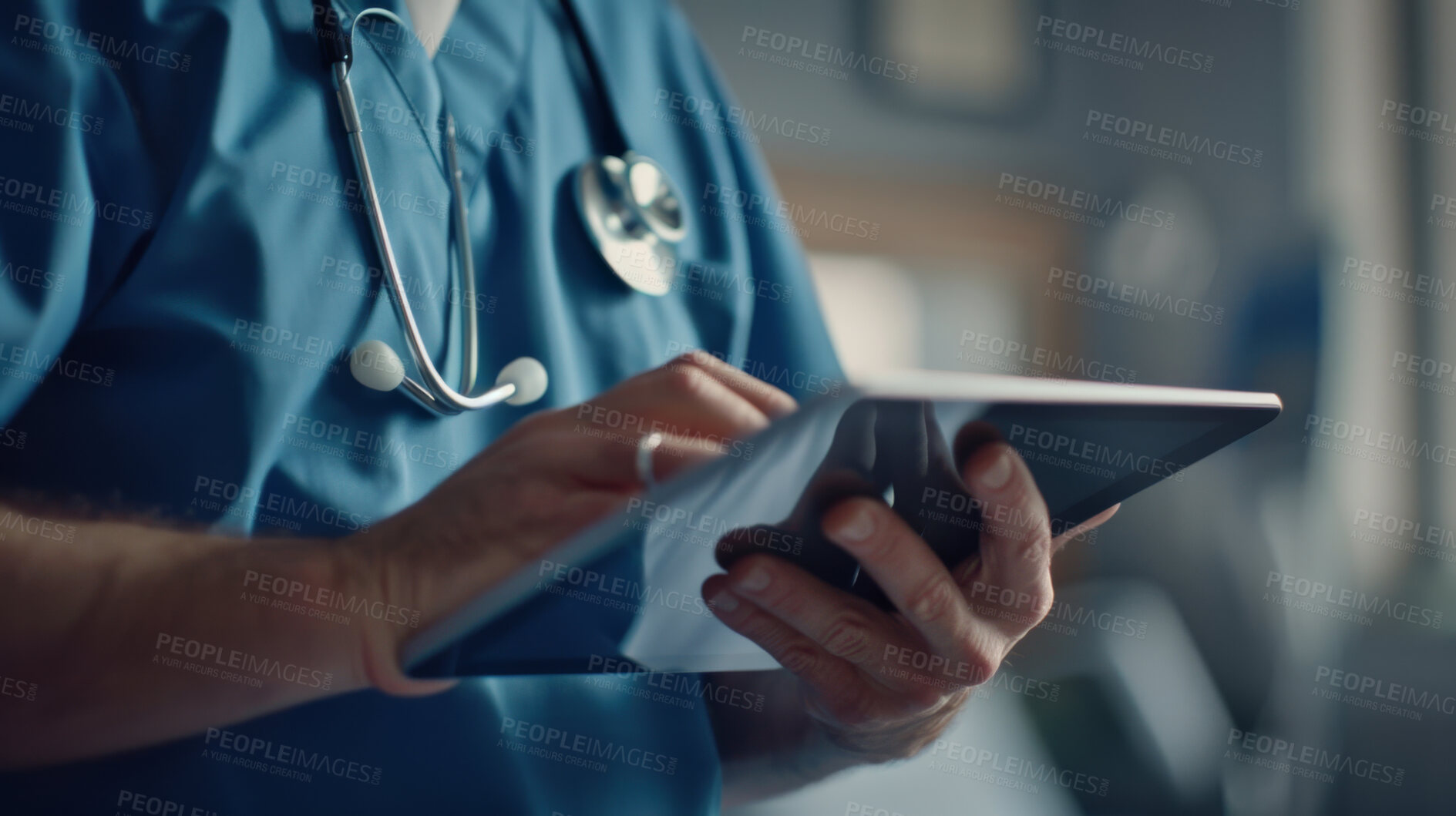 Buy stock photo Person, doctor and hands online on tablet for test results or check hospital schedule and patient information. Male neurologist, digital tech and review healthcare apps or records and prescriptions.