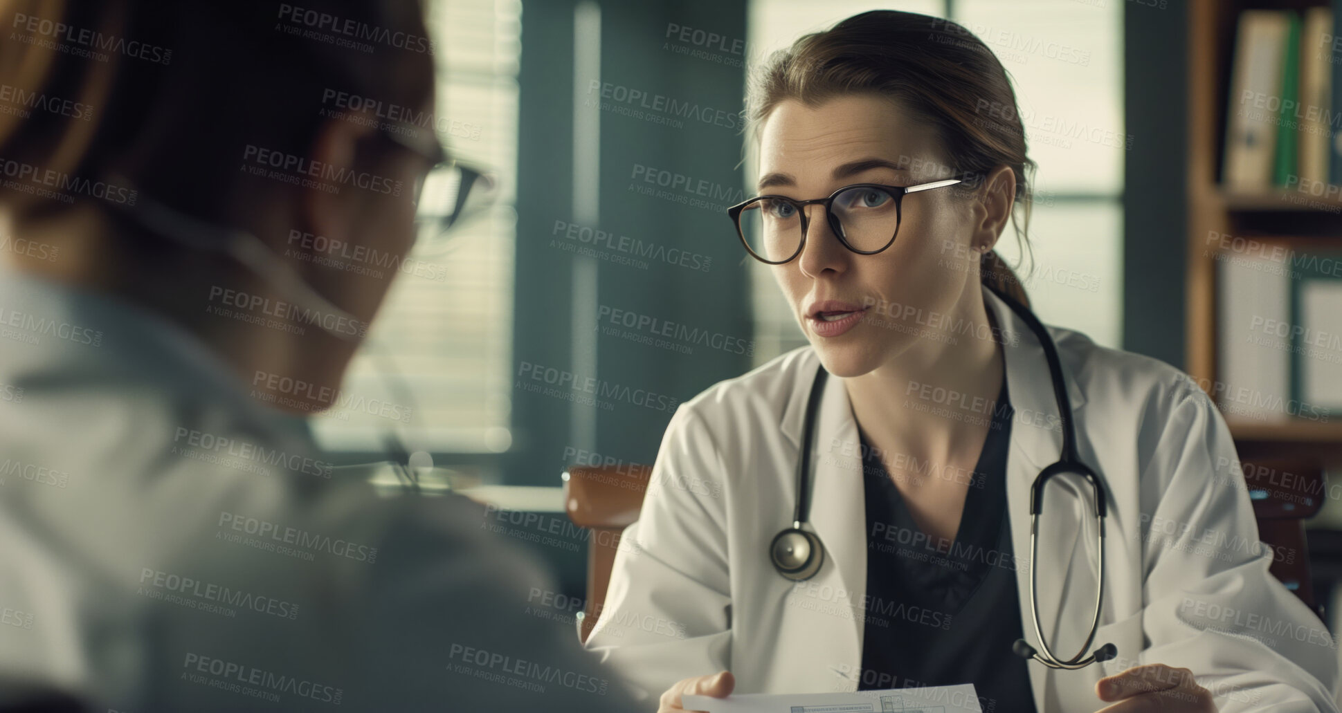 Buy stock photo Medical, doctor and woman in hospital, internship and stethoscope for healthcare, document and collaboration. Communication, team and review of mentor with information, paperwork and files clinic