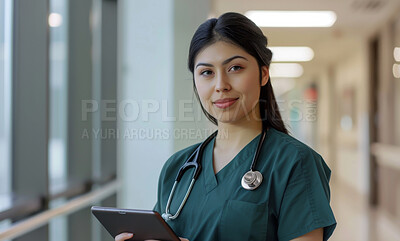 Healthcare, portrait and tablet with nurse asian woman in hospital lobby for research or treatment. Internet, medical and tech with happy medicine professional in clinic for cardiology or consulting