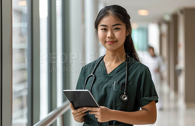 Medical, portrait and tablet with nurse asian woman in hospital lobby for research or treatment. Healthcare, tech and trust with happy medicine professional in clinic for cardiology or consulting