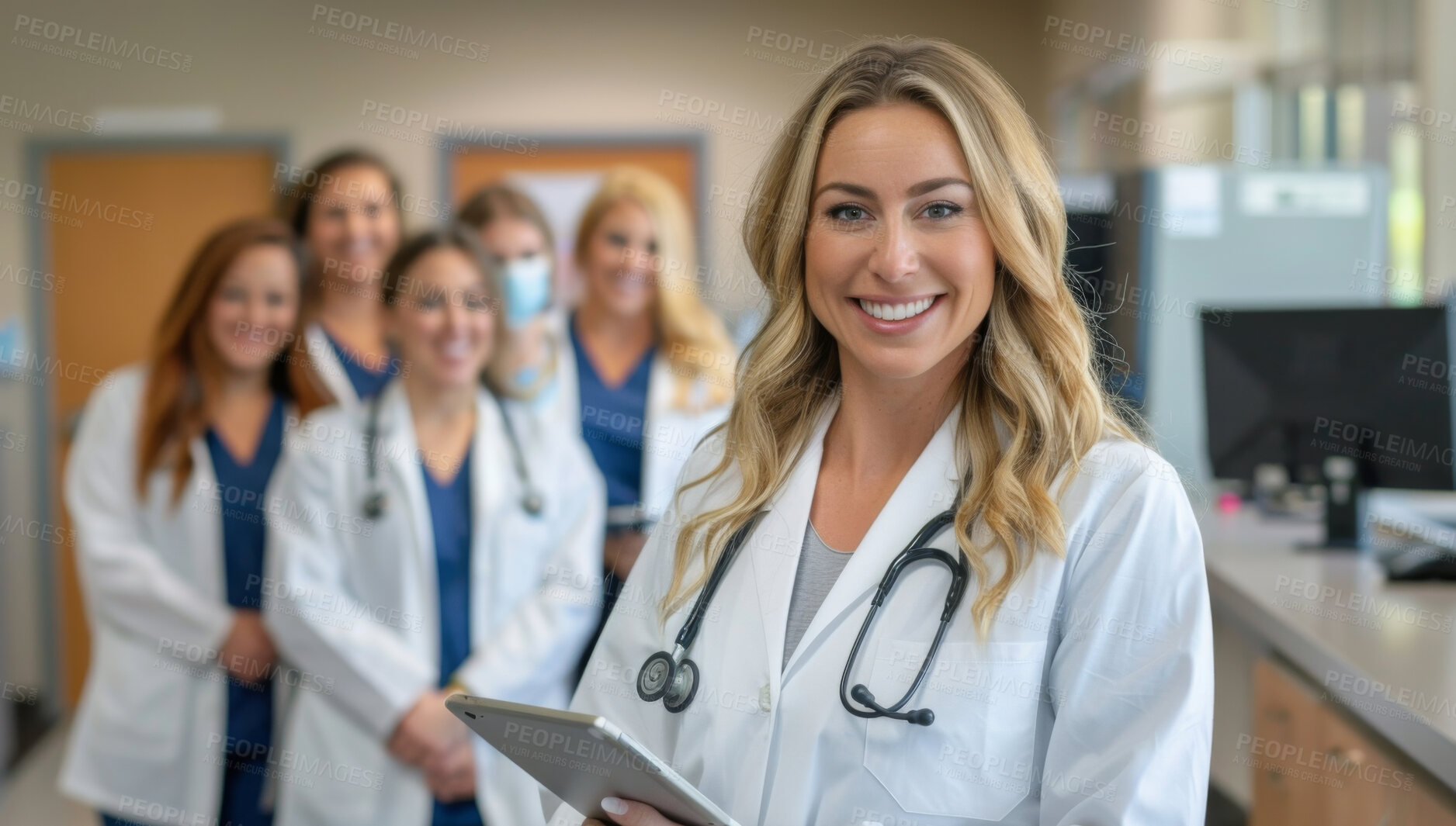 Buy stock photo Happy woman and doctor with stethoscope and tablet for healthcare wellness and medical support. Female nurse, leader and team in portrait with smile for medicare, trust and hope in hospital lab