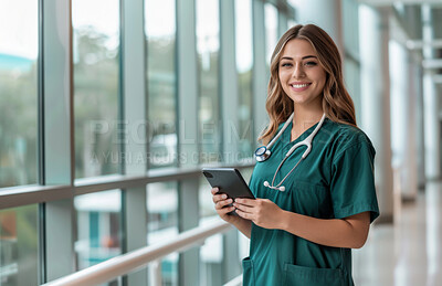 Healthcare, portrait and tablet with nurse woman in hospital lobby for research or treatment. Medical, smile and technology with happy medicine professional in clinic for cardiology or consulting