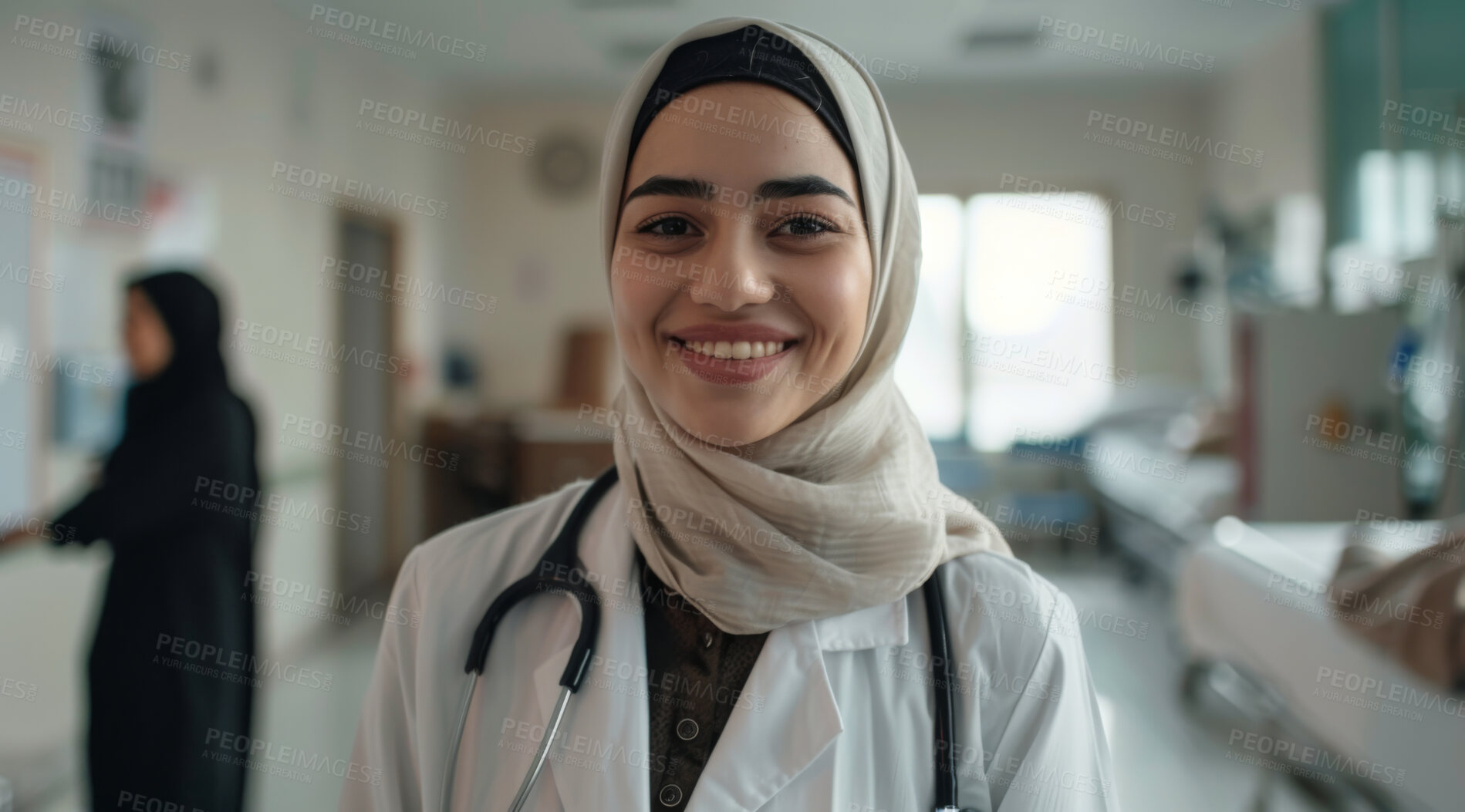 Buy stock photo Portrait, Muslim woman and doctor with healthcare, clinic and career ambition in hospital. Face, Islamic person or confident employee with medical, professional and hijab with physician or medicare