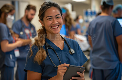 Portrait, girl nurse and tablet with team for hospital emergency, medical healthcare and happy. Female medic, digital technology and proud for career in medicine, professional and networking.
