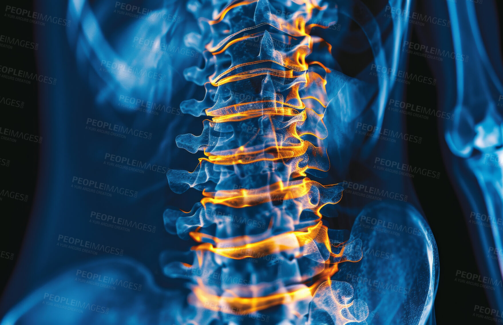 Buy stock photo Spine, inflammation and back pain or x ray healthcare with vertebra pressure, tension or overlay. Life insurance, anatomy herniated disc with skeleton bone or diagnosis surgery, fracture or scoliosis