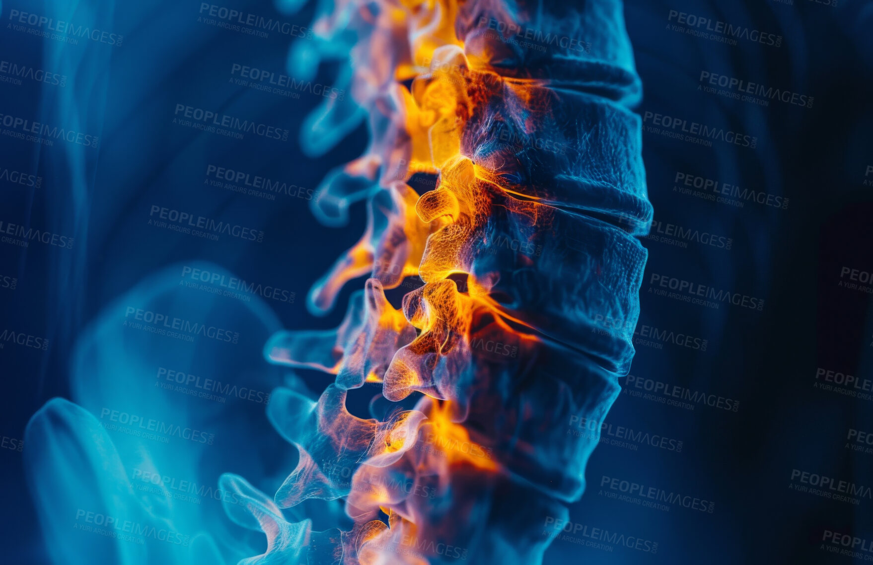 Buy stock photo Spine, inflammation and back pain as nerve healthcare or vertebra pressure, tension or overlay. X ray, life insurance and herniated disc with skeleton bone or diagnosis surgery, fracture or scoliosis