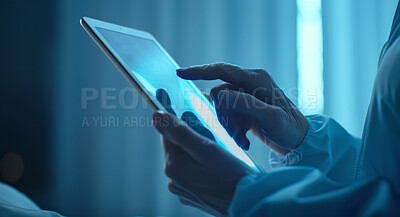 Medical care, person and hands of doctor with tablet for telehealth, research or online consultation in hospital. Healthcare, closeup and surgeon with technology for records, wellness and diagnosis