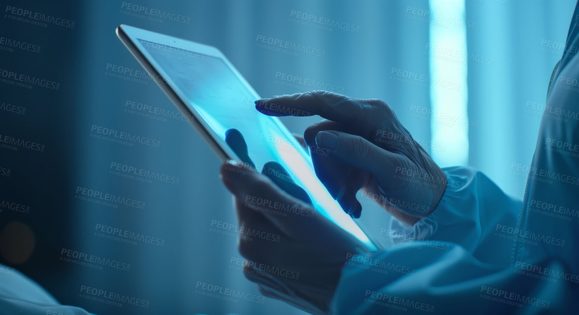 Buy stock photo Medical care, person and hands of doctor with tablet for telehealth, research or online consultation in hospital. Healthcare, closeup and surgeon with technology for records, wellness and diagnosis