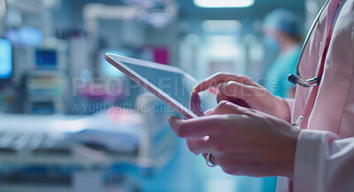 Healthcare, person and hands of surgeon with tablet for diagnosis, research or online consultation in hospital. Nephrology, closeup and doctor with technology for wellness, records and medical care