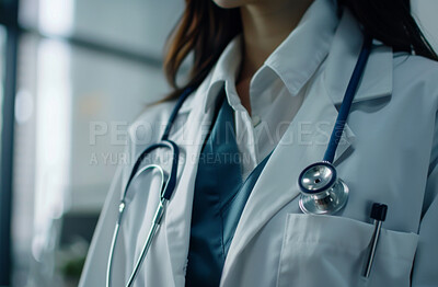 Healthcare, doctor or woman with stethoscope in hospital for wellness appointment, trust or surgery. Closeup, medical worker or cardiology with pride in tool, consulting or professional in clinic