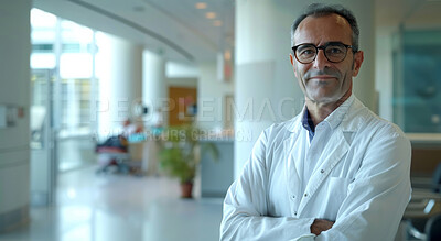 Medical, doctor and mature man, glasses and portrait of oncologist, employee and healthcare in clinic. Hospital, science and smile of expert, physician and confidence for service and wellness