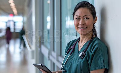 Medicine, portrait and tablet with nurse asian woman in hospital lobby for research or treatment. Medical, smile and technology with mature healthcare professional in clinic for cardiology consulting