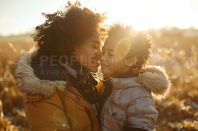 Black mom, kid and happy in outdoor for bonding with kiss for mothers day, appreciation and support. Lens flare, parent and child with smile for care, love and affection with joy as family in sunset