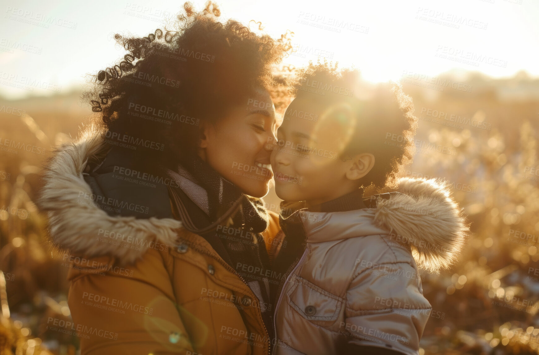 Buy stock photo Black mom, kid and happy outdoor for bonding with kiss for mothers day, appreciation and support. Lens flare, parent and child with smile for care, love and affection or joy as family on sunset field