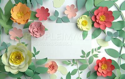 Buy stock photo Abstract, blank and mockup with paper flowers with leaves for writing or love letter. Nature, creative and note with floral design, custom birthday card and thank you or wedding invitation in spring