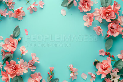 Buy stock photo Flowers, mockup space and blue background with banner for birthday with green leaves and pink daisy. Template, valentines and mothers day card with thank you, empty and floral with Magnolia border