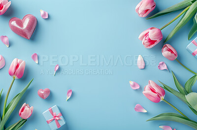 Flowers, present and mockup space with blue background for valentines day or birthday with pink tulips. Banner, template and ribbons for mothers day card with thank you, empty and red hearts.