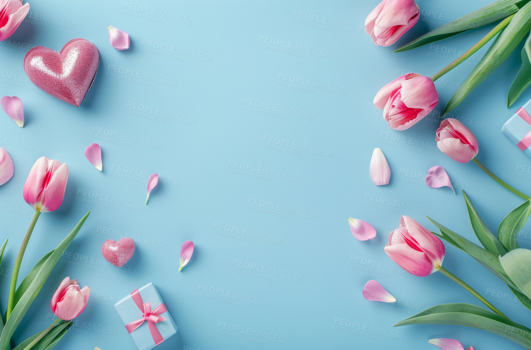 Buy stock photo Flowers, present and mockup space with blue background for valentines or birthday with pink tulips. Banner, template and ribbons for mothers day card with thank you, empty and red heart art design