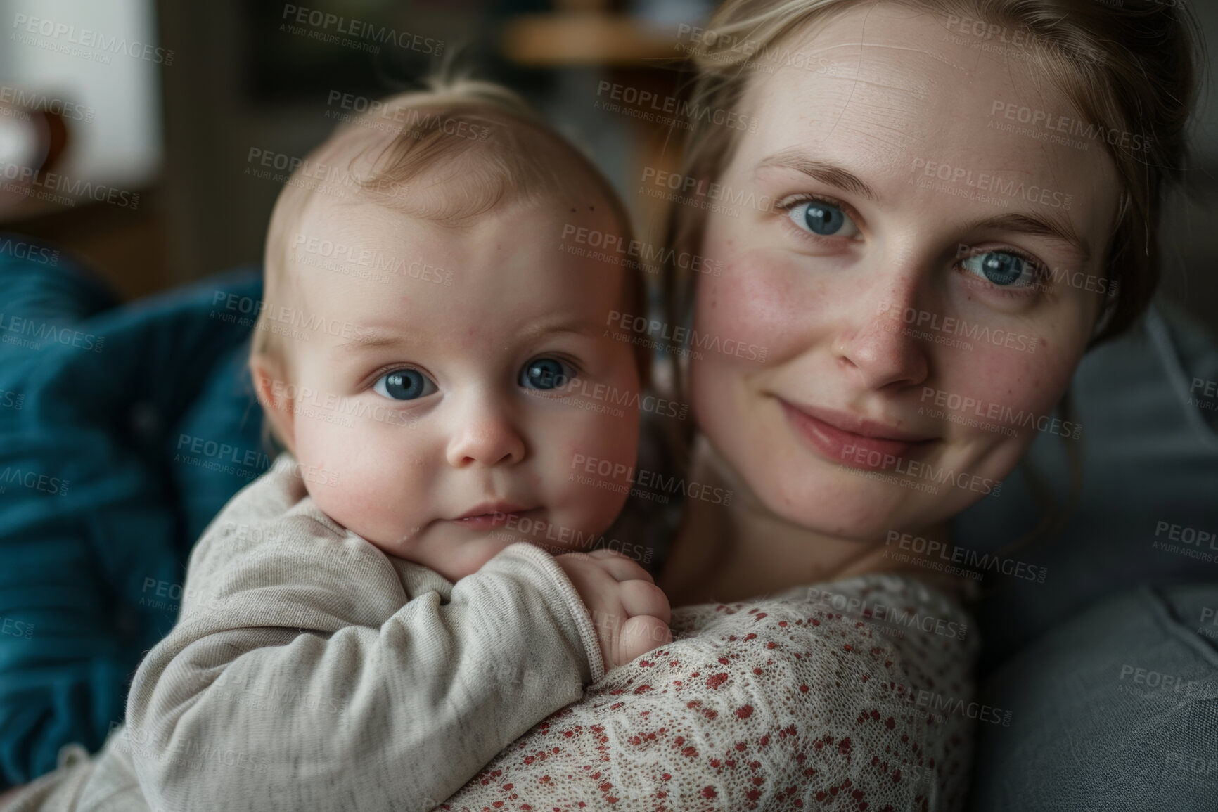 Buy stock photo Smile, relax and portrait of mom with baby on sofa for love, protection and connection on Mothers Day. Home, support and woman with infant in living room for security, trust and growth in motherhood