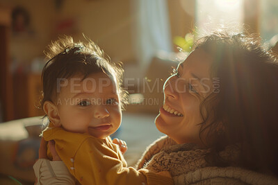 Buy stock photo Smile, mom and portrait of baby on sofa for love, protection and gratitude on Mothers Day. Home, child and Mexican woman with happiness in living room for motherhood, support or safety in development