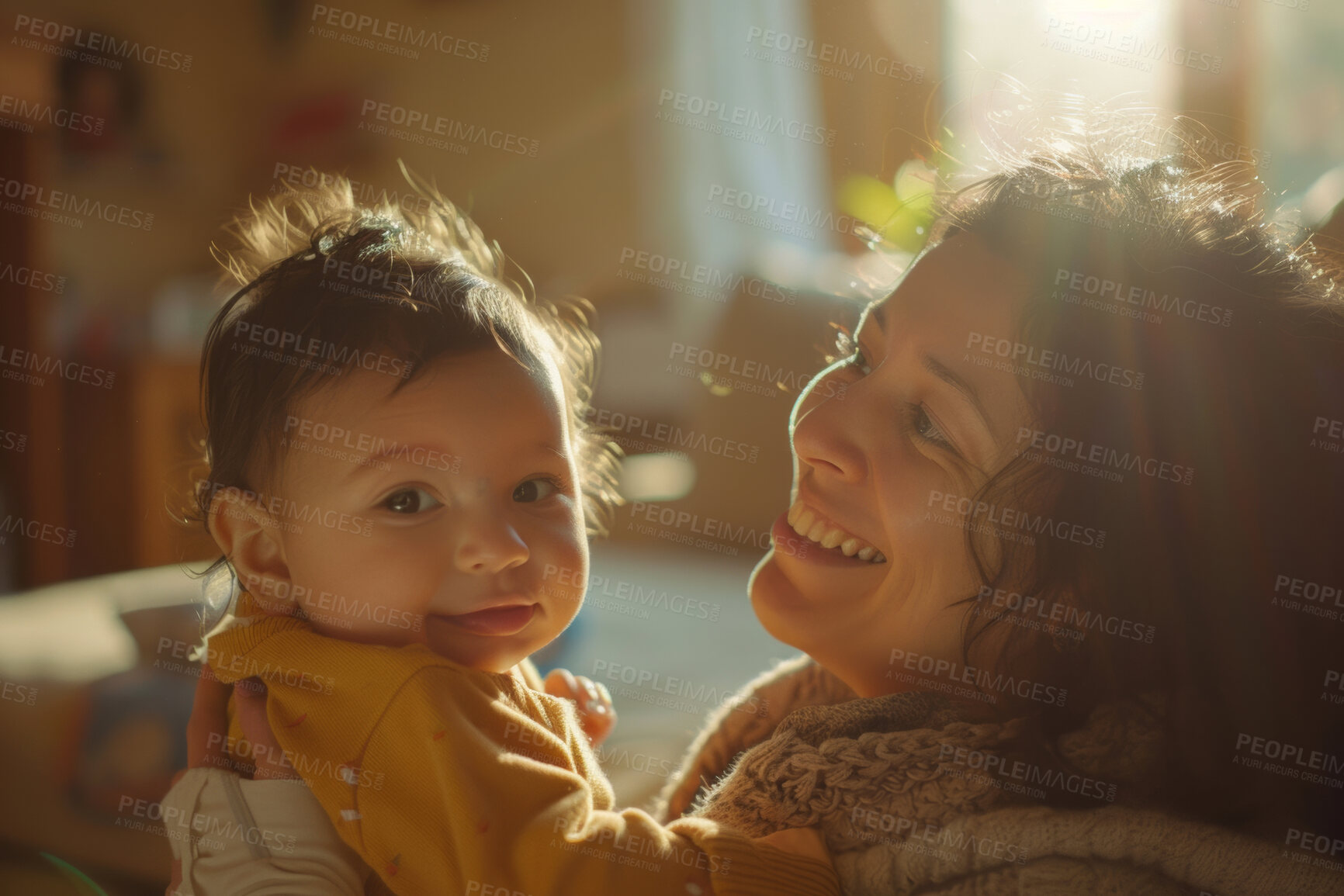 Buy stock photo Smile, mom and portrait of baby on sofa for love, protection and gratitude on Mothers Day. Home, child and Mexican woman with happiness in living room for motherhood, support or safety in development