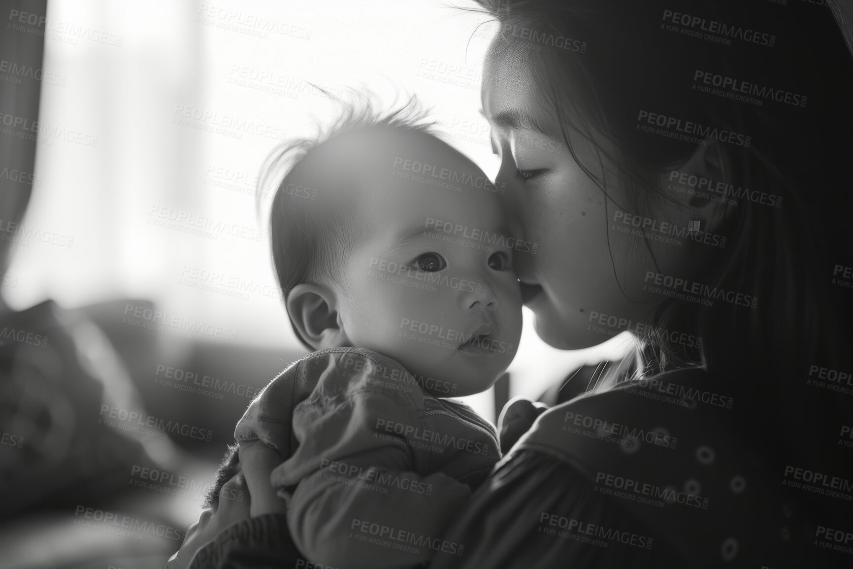 Buy stock photo Mother, baby and face with love or care in closeup, bonding in black and white. Asian mom, child and together with nurture for newborn in family home, young with growthl or physical connection