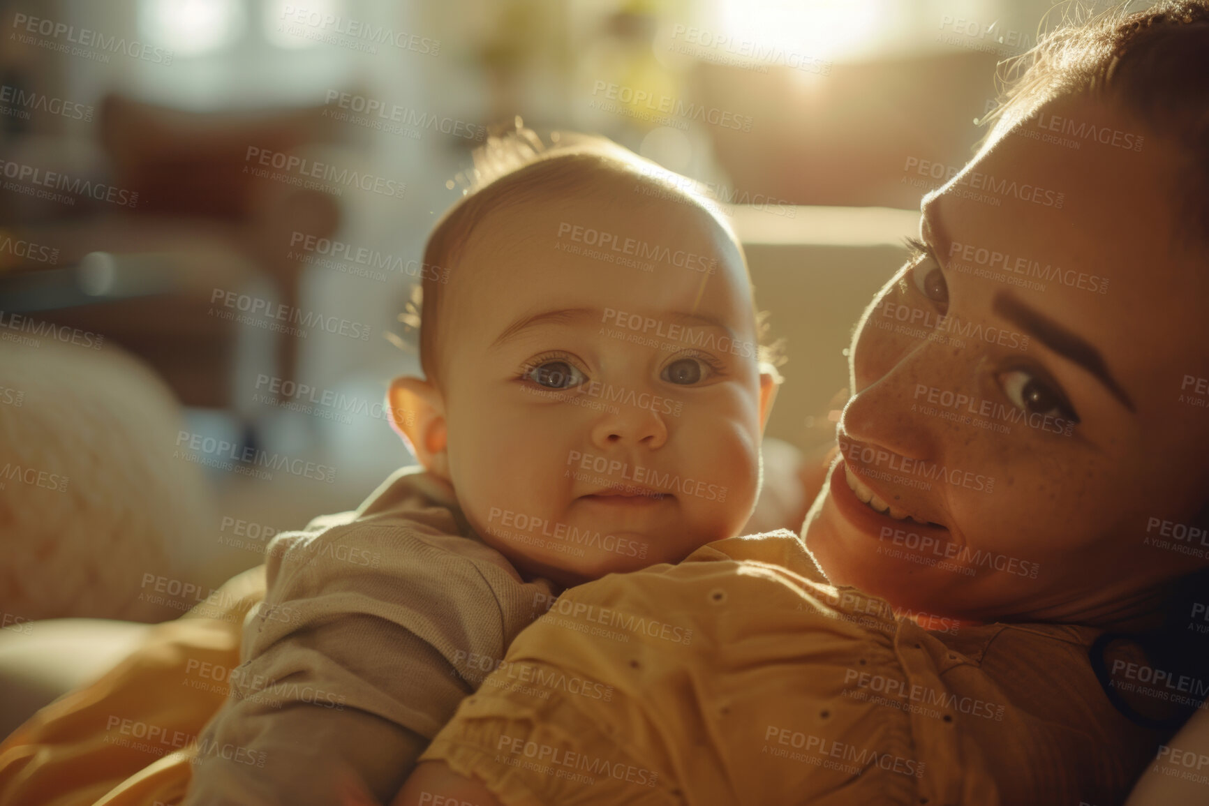 Buy stock photo Relax, baby and portrait of mom on sofa with smile for security, protection and adoption on Mothers Day. Kid, woman and happy at home in living room for motherhood, love and support in development