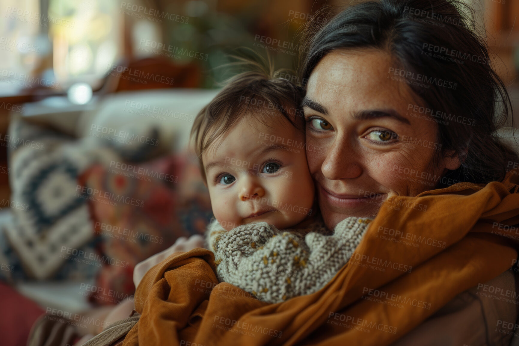 Buy stock photo Relax, baby and portrait of mom on sofa with smile for love, security and adoption on Mothers Day. Home, kid and woman with happiness in living room for motherhood, protection and support in growth