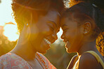 African woman, hug and girl smile together, mothers day and appreciation with love in nature sunlight. Embrace, child and bonding for care with black family on vacation, affection with parent