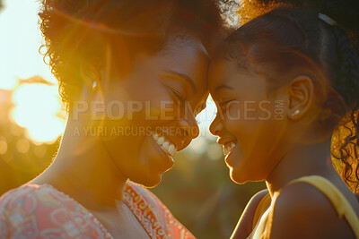 Buy stock photo African woman, hug and girl smile together, mothers day and appreciation with love in nature sunlight. Embrace, child and bonding for care with black family on vacation, affection with parent