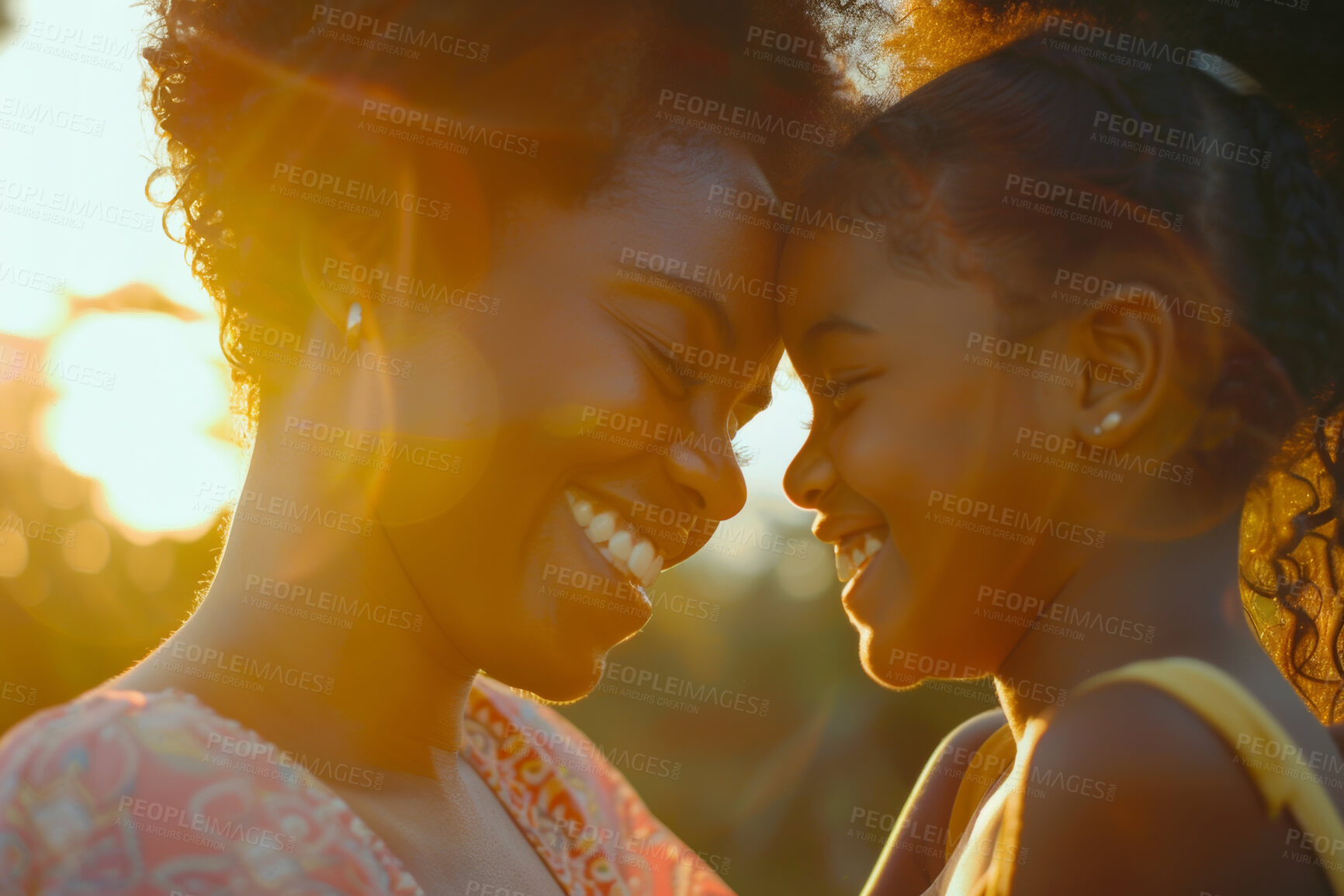 Buy stock photo African woman, hug and girl smile together, mothers day and appreciation with love in nature sunlight. Embrace, child and bonding for care with black family on vacation, affection with parent