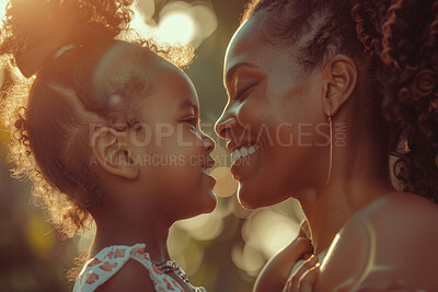Buy stock photo African woman, hug and girl for happiness together, mothers day and appreciation with love in nature. Embrace, child and bonding for care with black family on vacation, growth or affection and parent