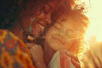 Buy stock photo African woman, hug and child in nature together, mothers day and appreciation with love in sun shine. Embrace, kid and bonding for care or growth with black family, vacation and affection or parent