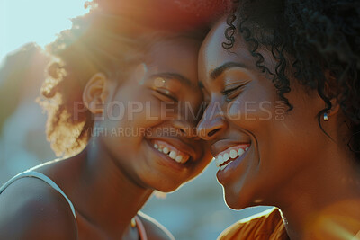 Buy stock photo African woman, hug and child happy in nature, mothers day and appreciation with love. Embrace, kid and bonding for care with black family on vacation, cheerful and parent affection or childhood