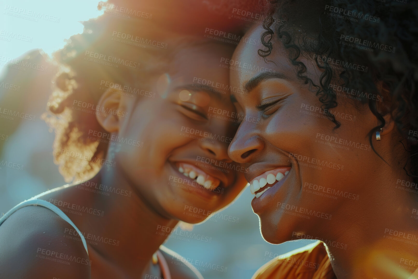 Buy stock photo African woman, hug and child happy in nature, mothers day and appreciation with love. Embrace, kid and bonding for care with black family on vacation, cheerful and parent affection or childhood