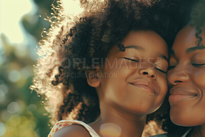 Buy stock photo African woman, hug and child or happy together, mothers day and appreciation with love in nature. Embrace, kids and bonding for care with black family on vacation, gratitude and affection or parent