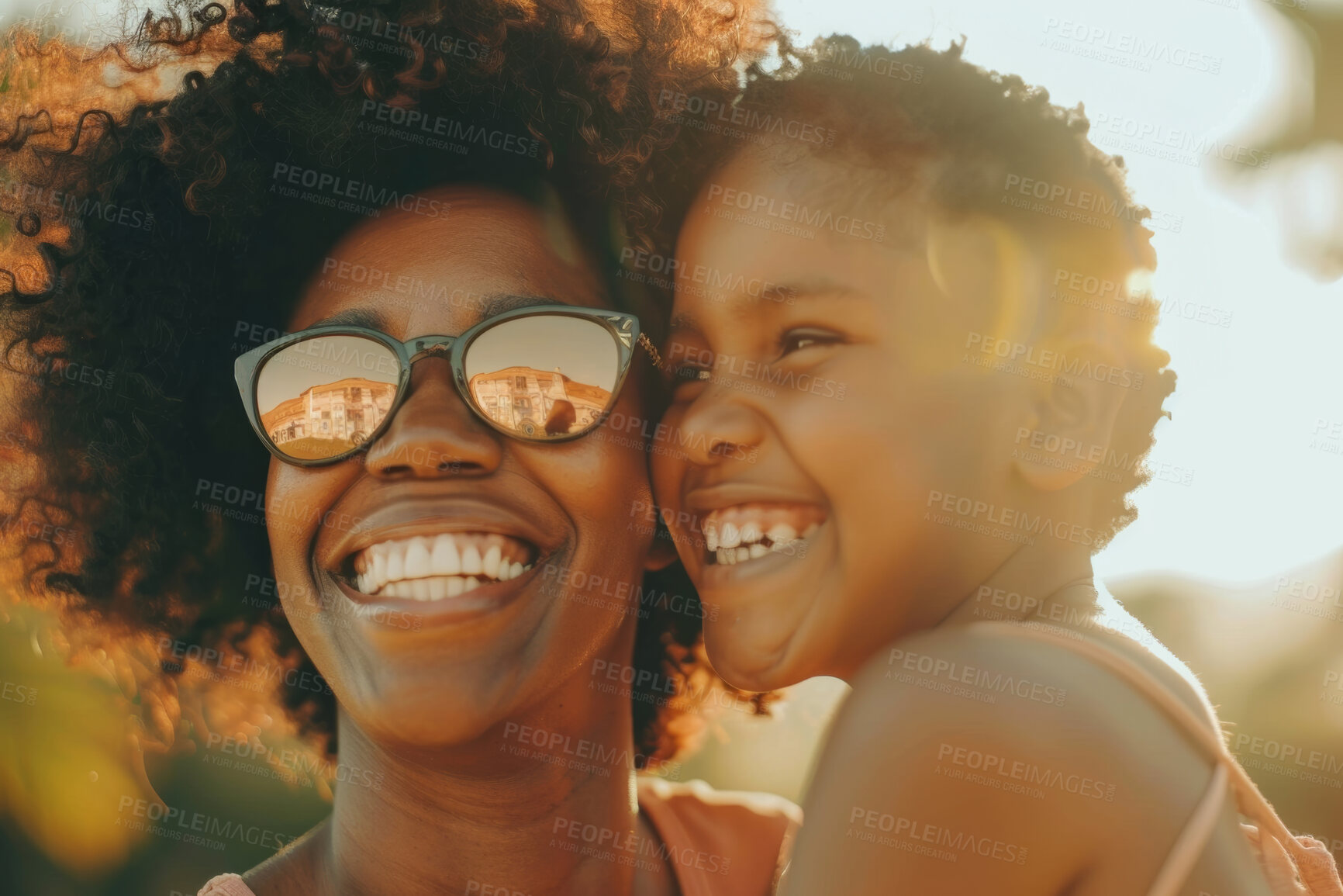 Buy stock photo African, mom and daughter with smile in outdoor with happiness or bonding for family. Motherhood, child development and relationship with love in confidence in Greece on vacation with cheerful laugh