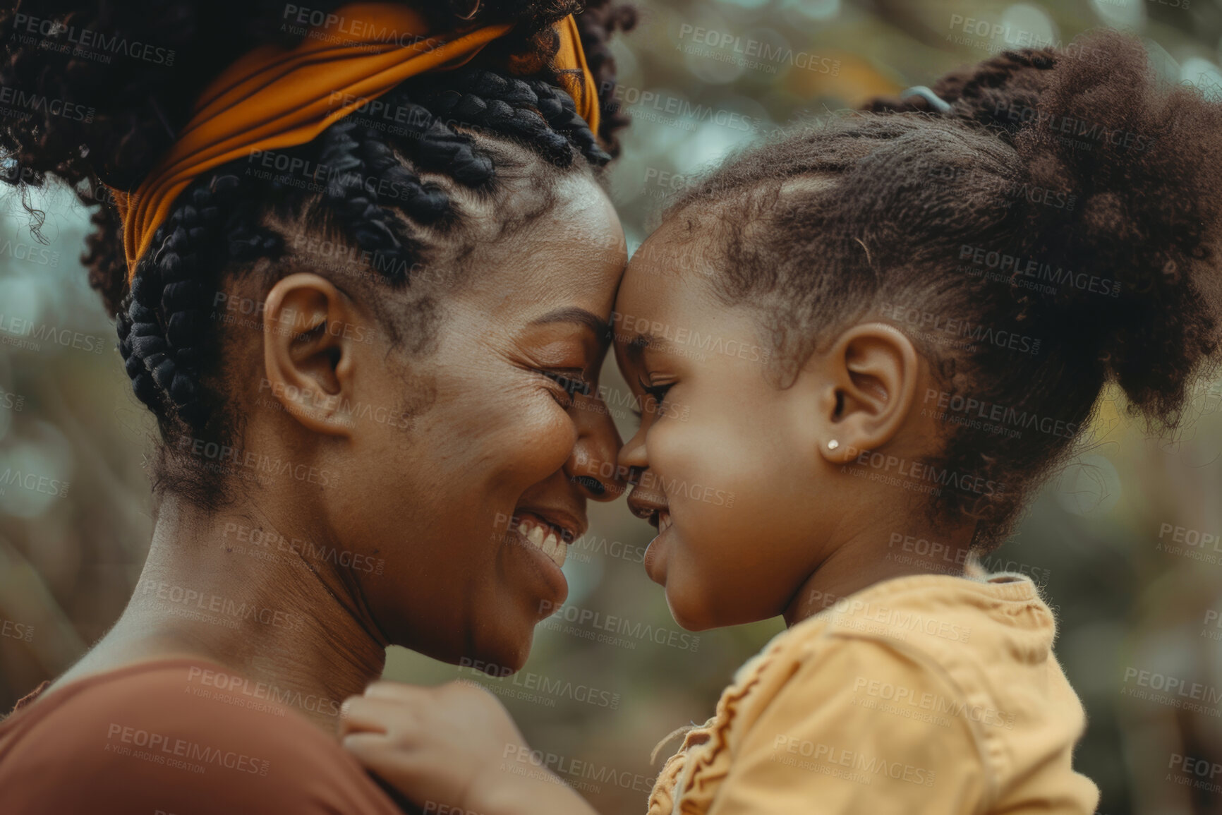 Buy stock photo African woman, hug and kid in nature together, mothers day and appreciation with love in park. Embrace, child and bonding for care with black family on vacation, cheerful and affection with parent